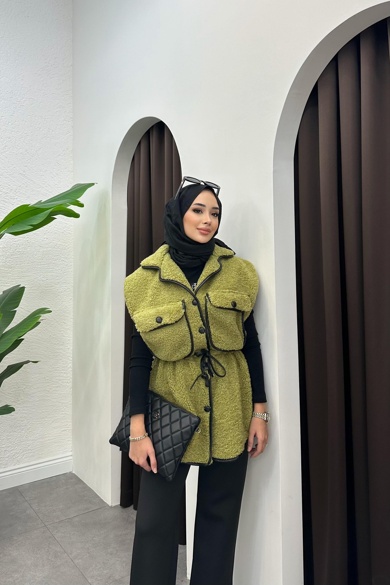 Elamora Deri Detay Peluş Yelek - Yağ Yeşili