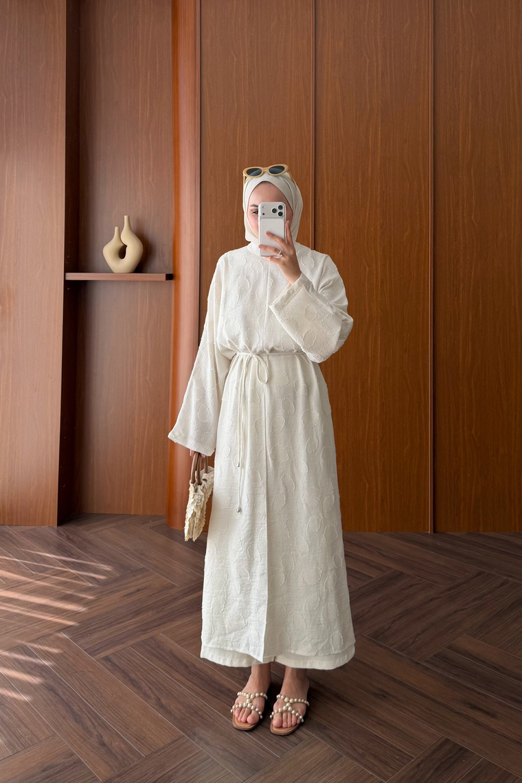 Emprime Yırtmaçlı Uzun Kimono - BEYAZ