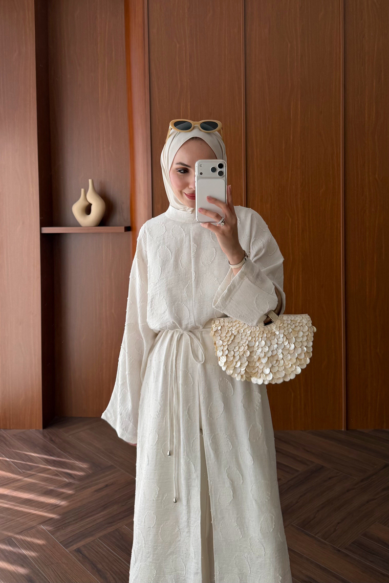 Emprime Yırtmaçlı Uzun Kimono - BEYAZ