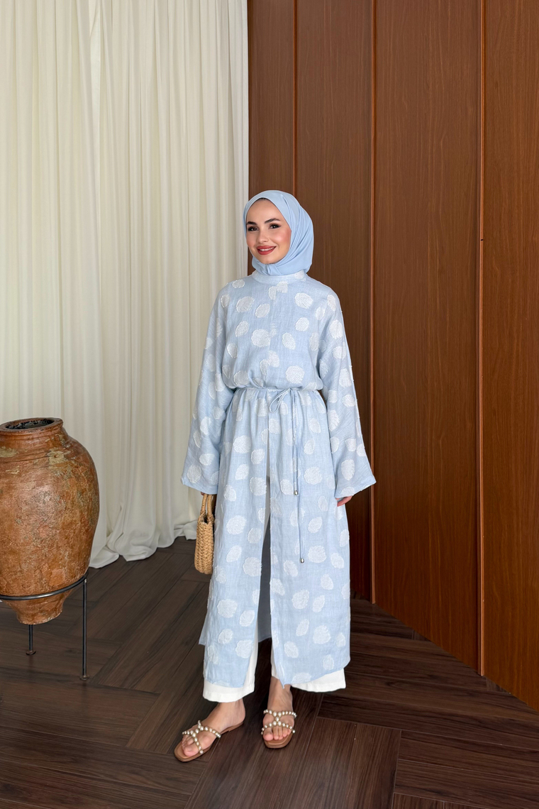 Emprime Yırtmaçlı Uzun Kimono - MAVİ