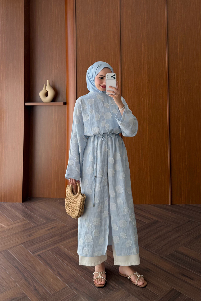 Emprime Yırtmaçlı Uzun Kimono - MAVİ