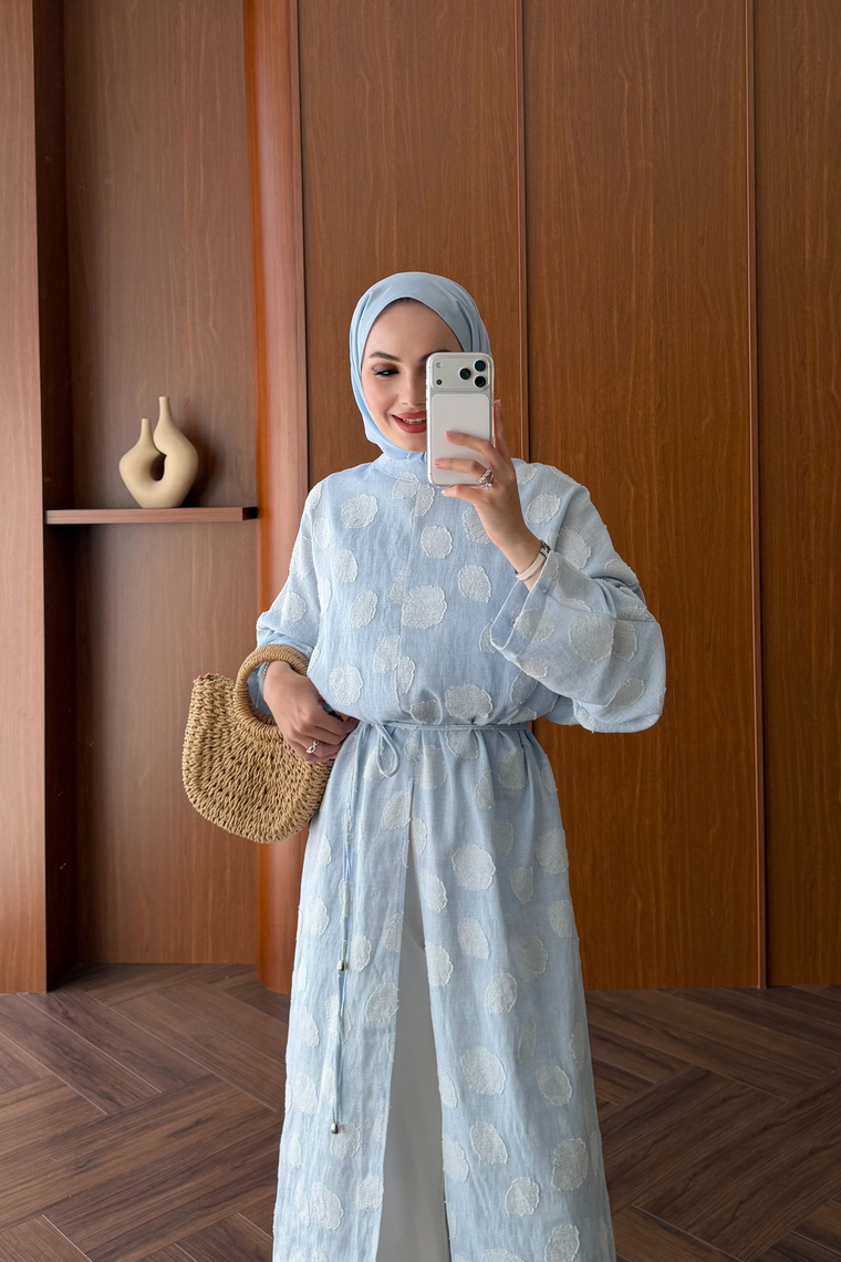 Emprime Yırtmaçlı Uzun Kimono - MAVİ