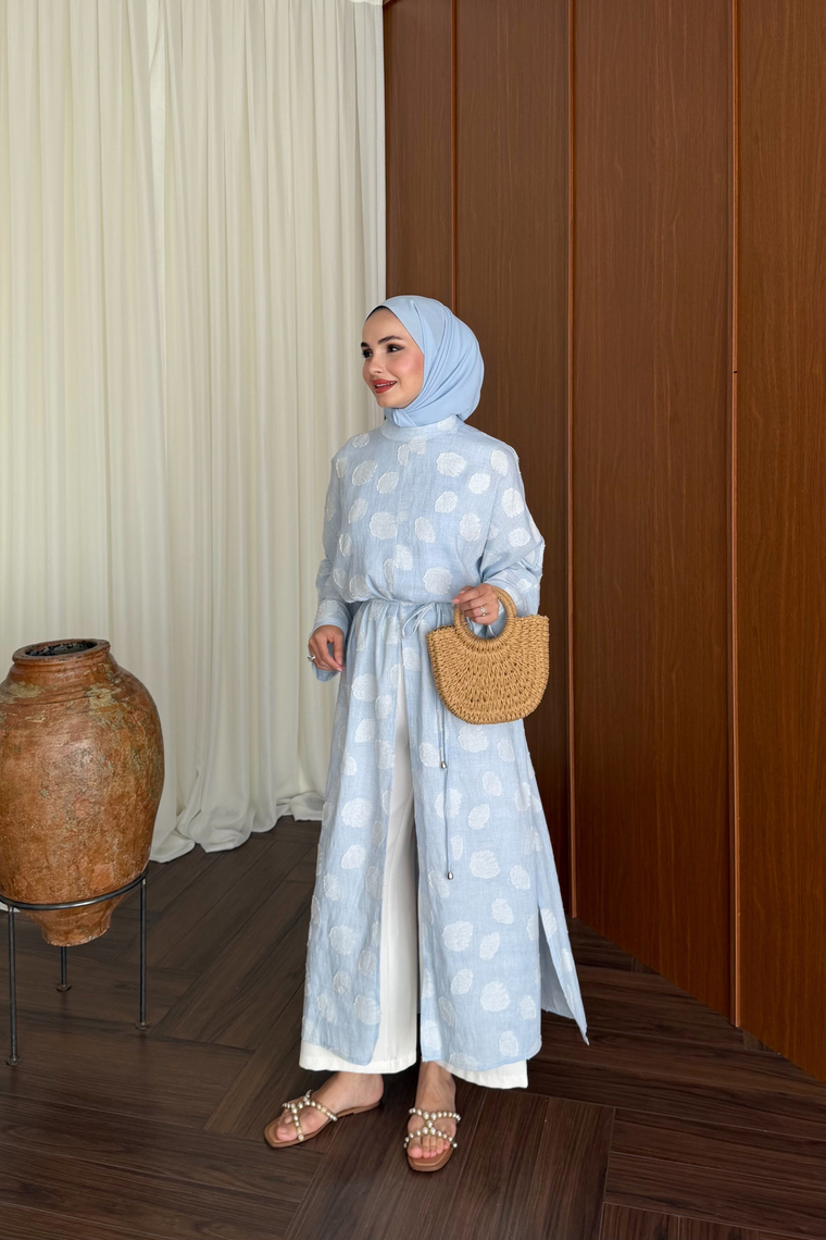 Emprime Yırtmaçlı Uzun Kimono - MAVİ