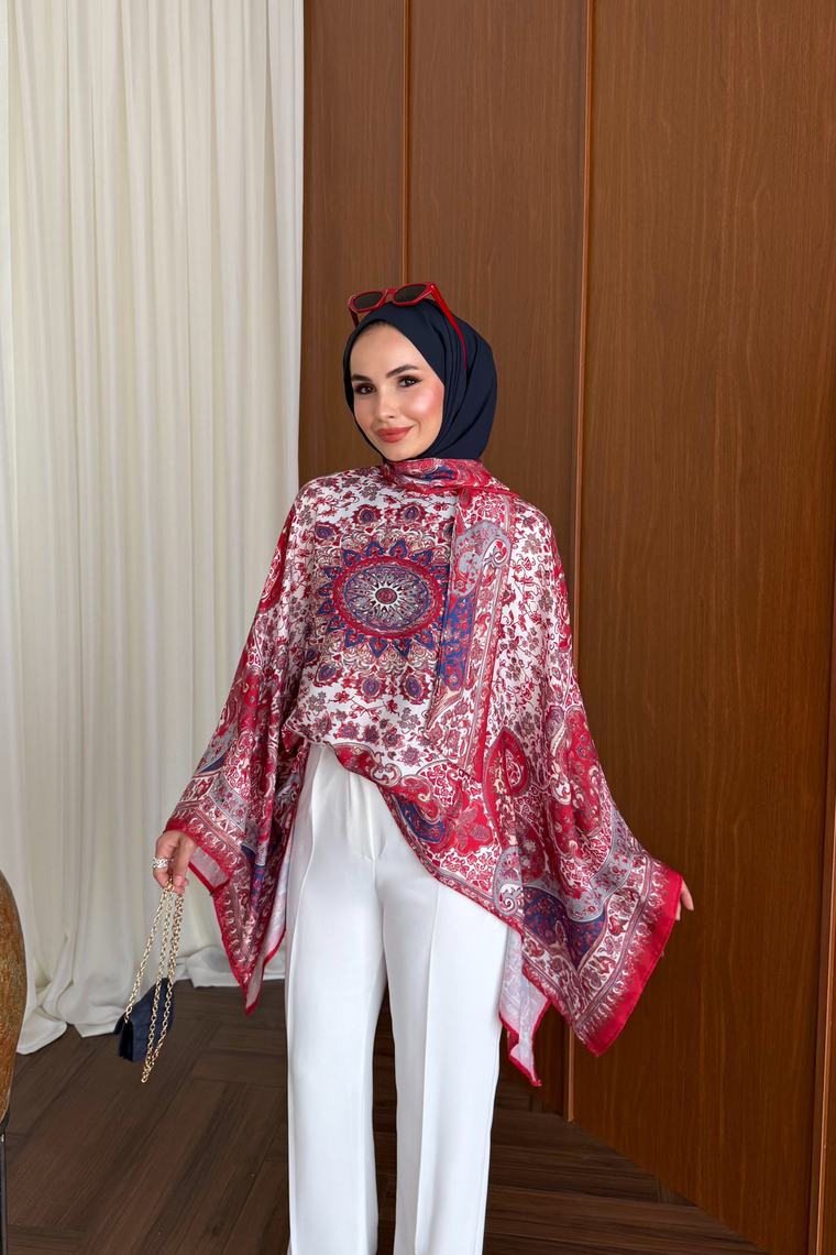 Etnik Desen Kaftan Bluz - KIRMIZI