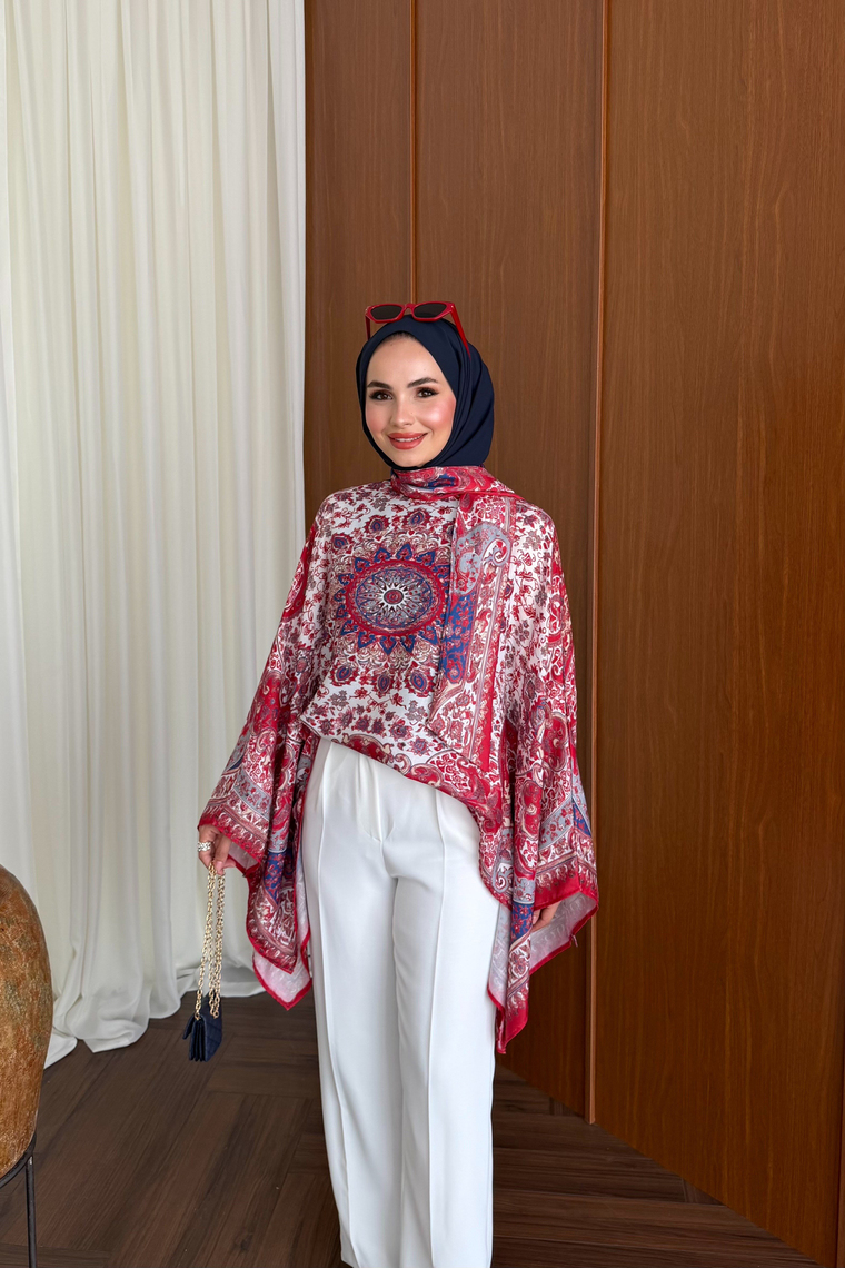 Etnik Desen Kaftan Bluz - KIRMIZI