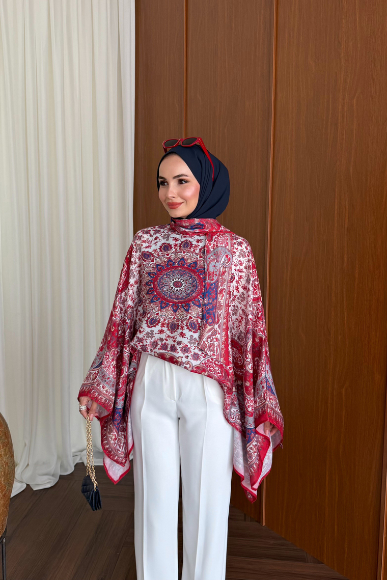 Etnik Desen Kaftan Bluz - KIRMIZI