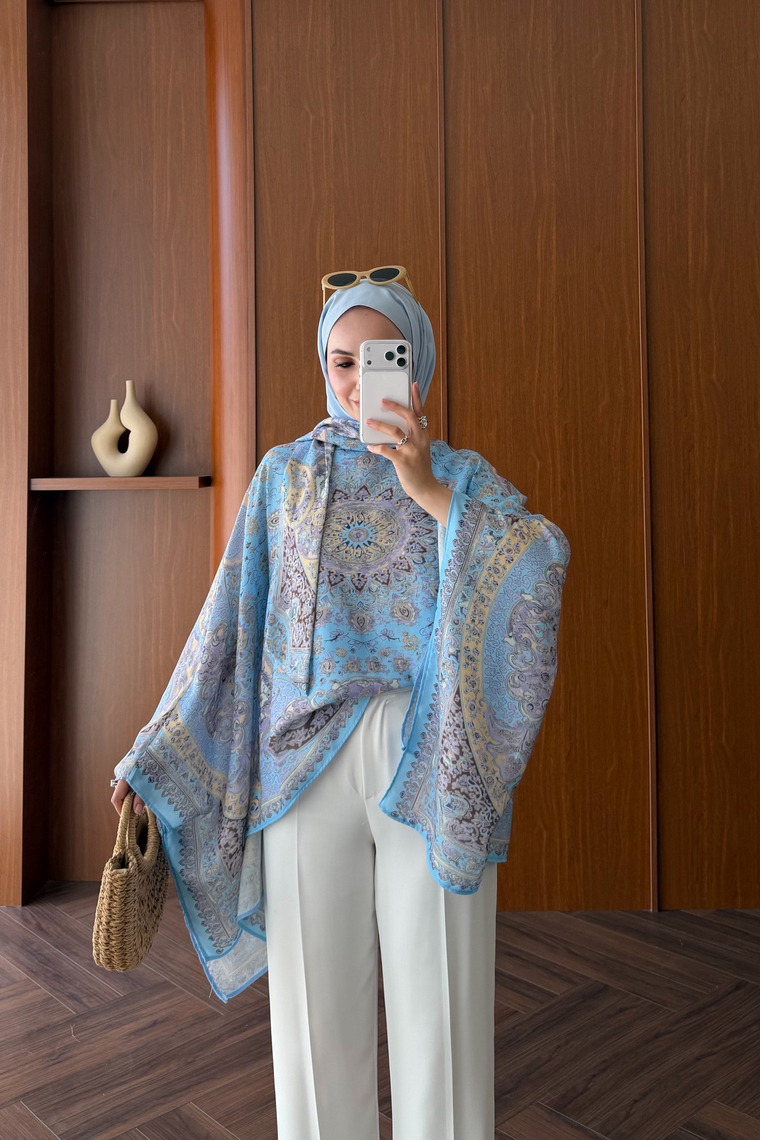 Etnik Desen Kaftan Bluz - MAVİ