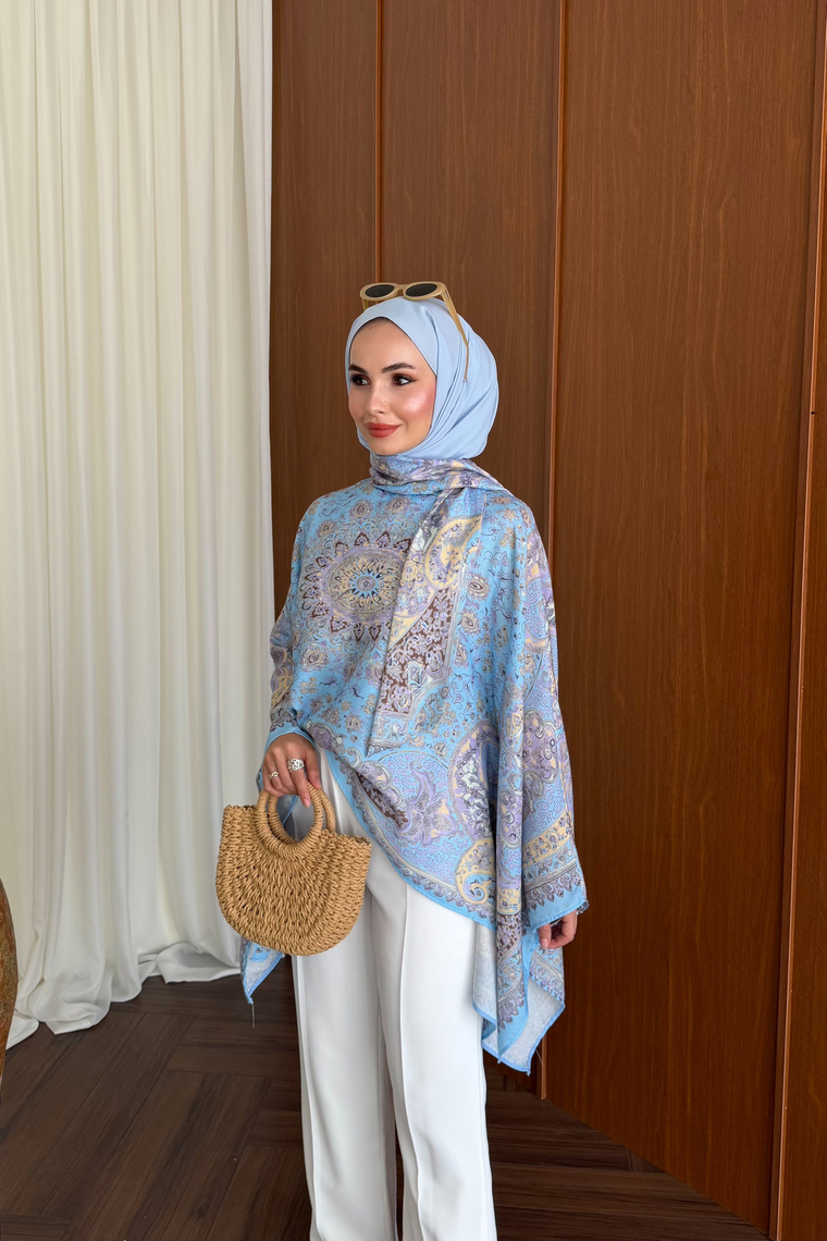 Etnik Desen Kaftan Bluz - MAVİ