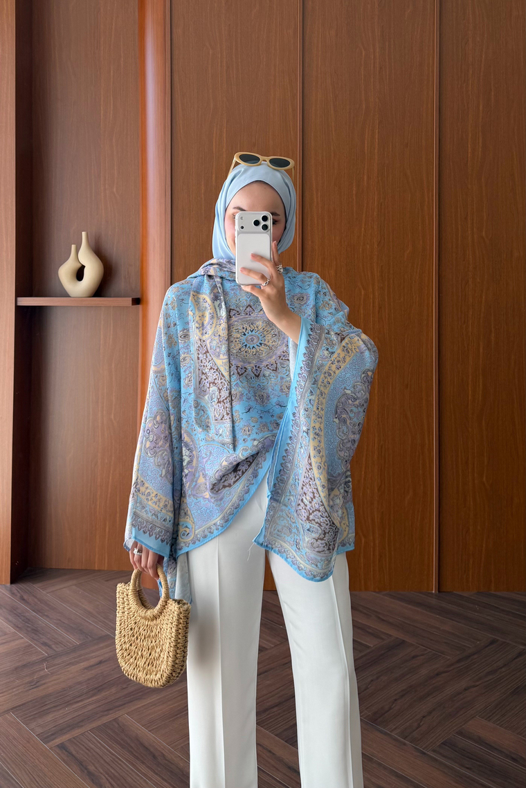 Etnik Desen Kaftan Bluz - MAVİ