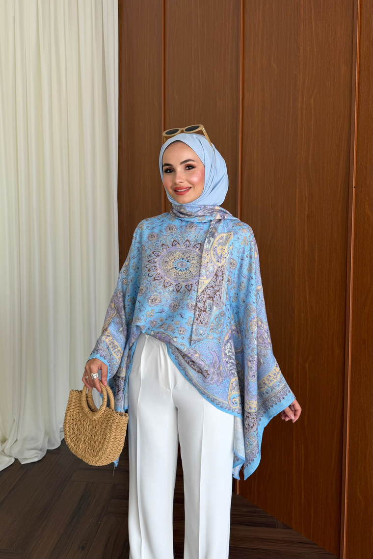 Etnik Desen Kaftan Bluz - MAVİ