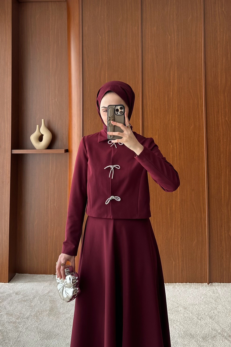 Fiyonk Aksesuarlı Etek Takım - BORDO