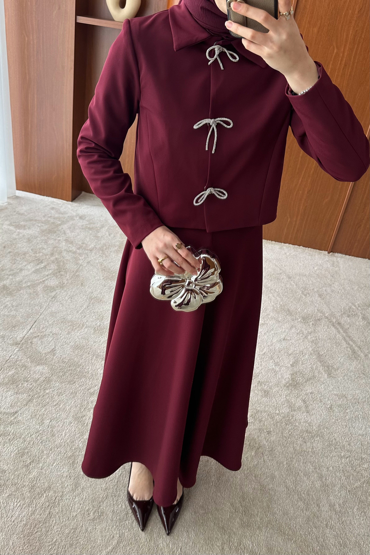Fiyonk Aksesuarlı Etek Takım - BORDO