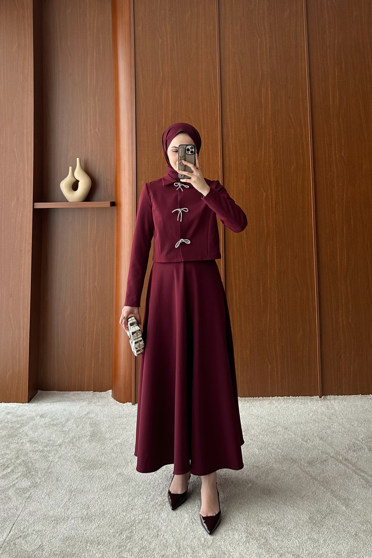 Fiyonk Aksesuarlı Etek Takım - BORDO