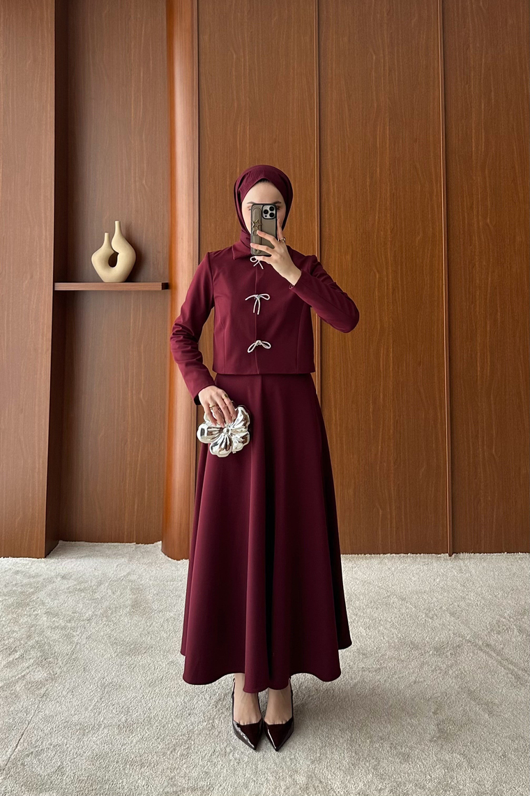 Fiyonk Aksesuarlı Etek Takım - BORDO