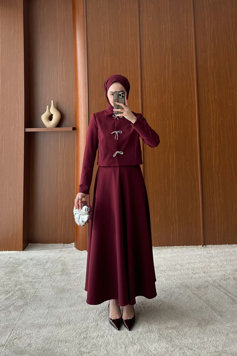 Fiyonk Aksesuarlı Etek Takım - BORDO