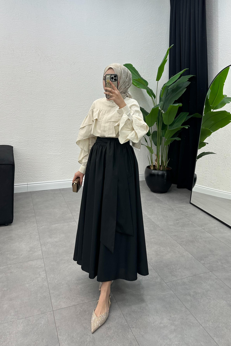 Fiyonklu Poplin Etek - SİYAH