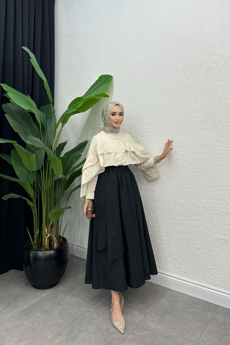 Fiyonklu Poplin Etek - SİYAH