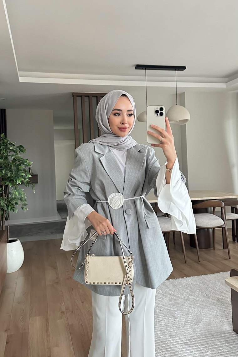 Garnili Kolu Pileli Ceket - GRİ