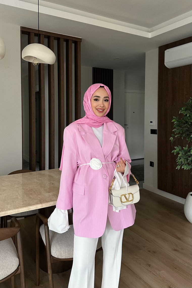 Garnili Kolu Pileli Ceket - PEMBE