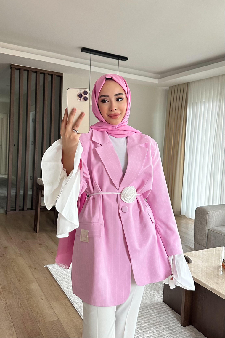 Garnili Kolu Pileli Ceket - PEMBE