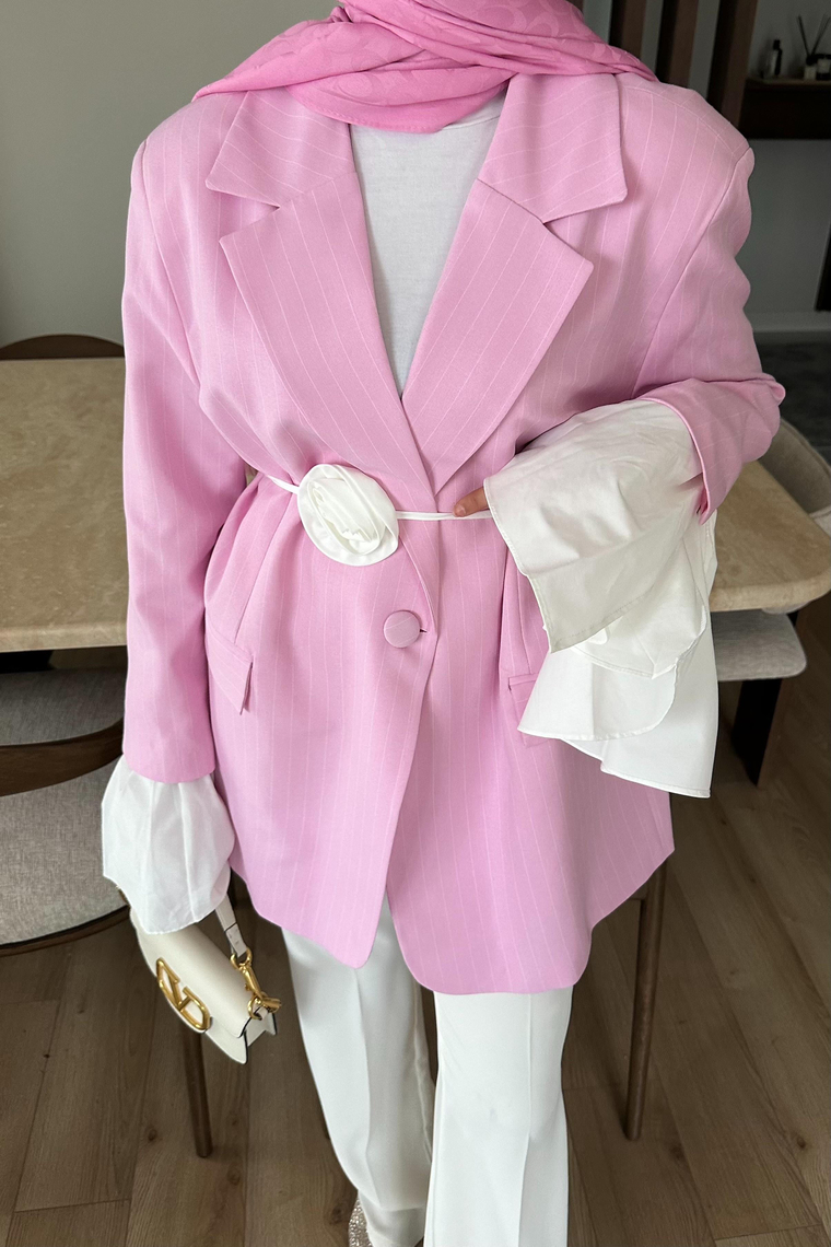 Garnili Kolu Pileli Ceket - PEMBE