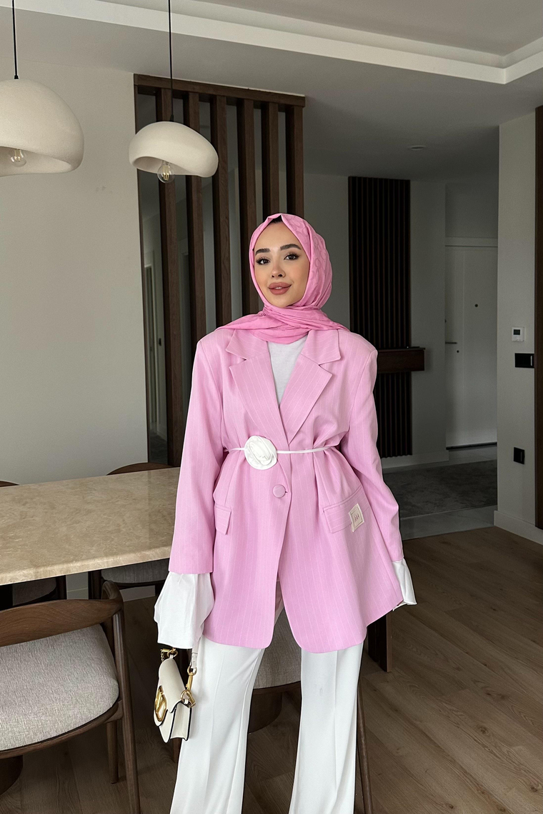 Garnili Kolu Pileli Ceket - PEMBE