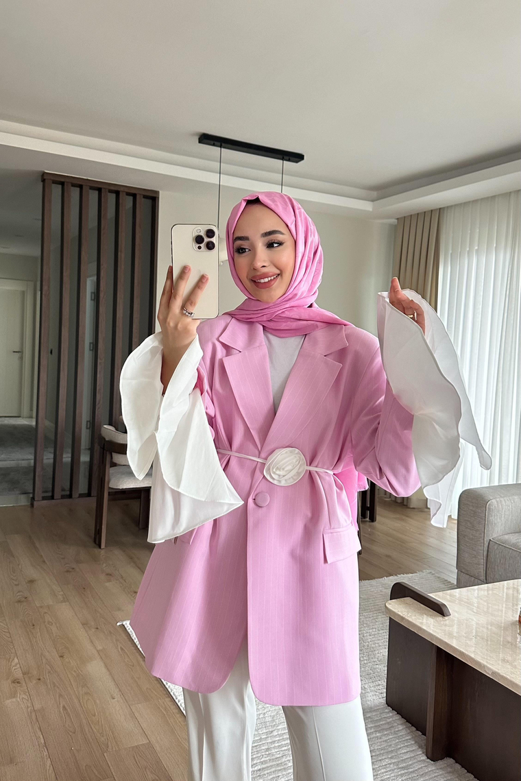 Garnili Kolu Pileli Ceket - PEMBE