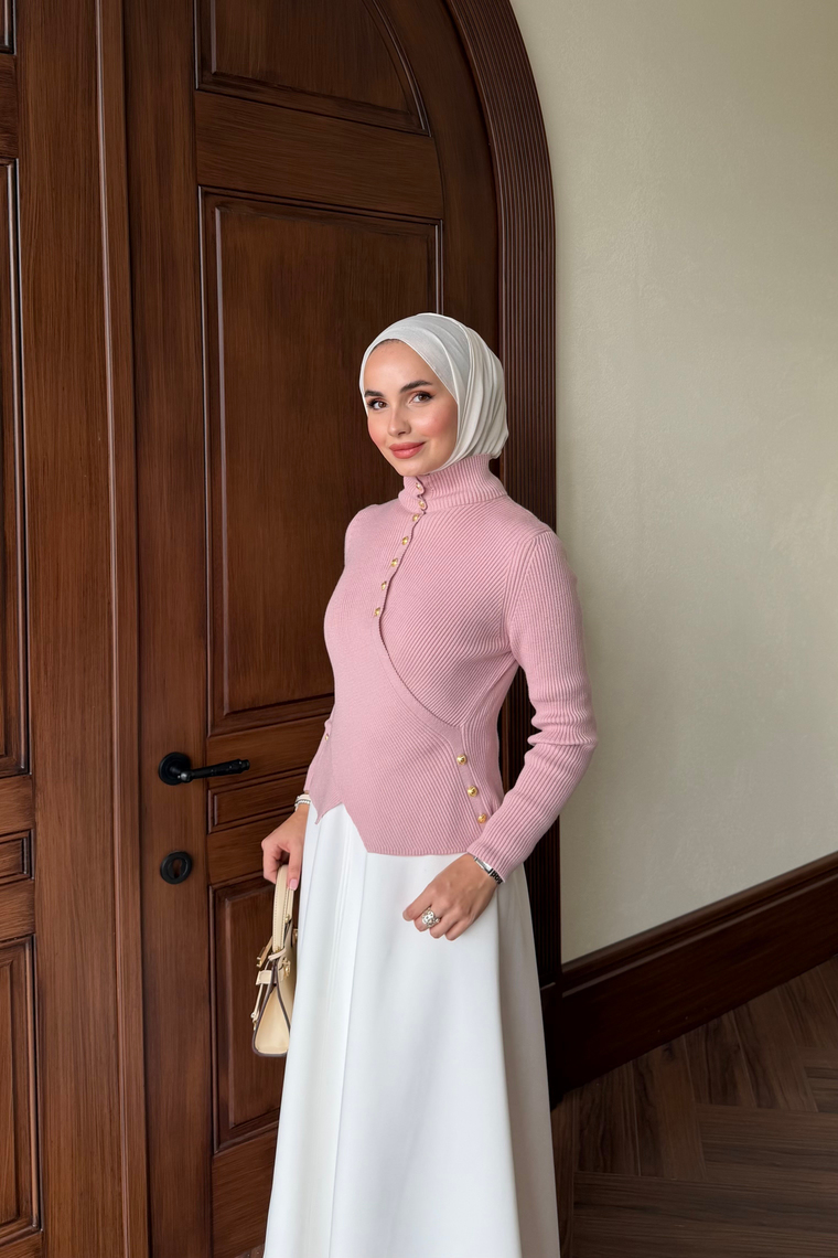 Gold Düğmeli Triko Hırka - PEMBE