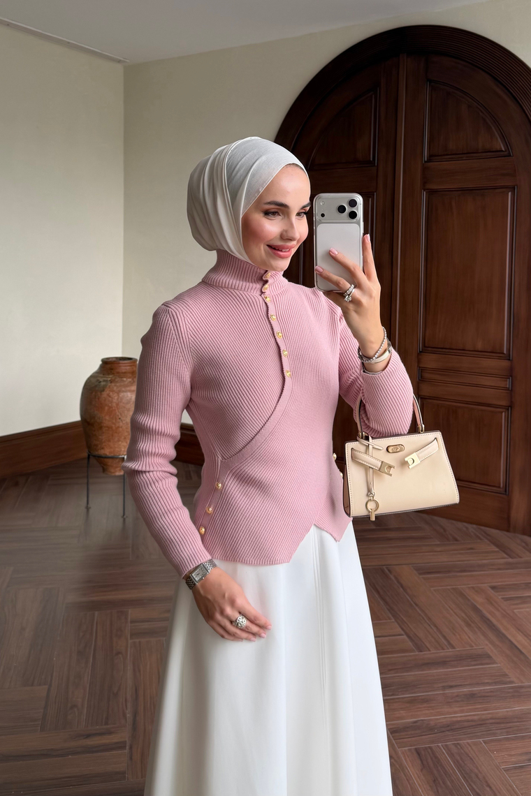 Gold Düğmeli Triko Hırka - PEMBE