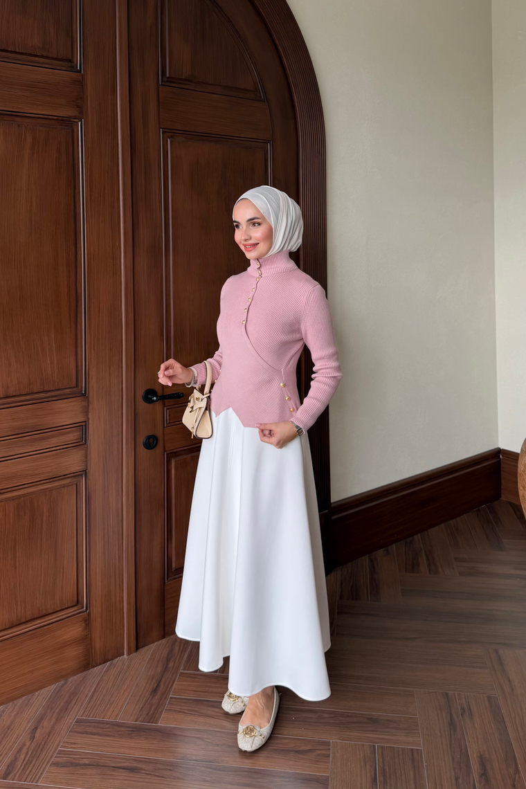 Gold Düğmeli Triko Hırka - PEMBE