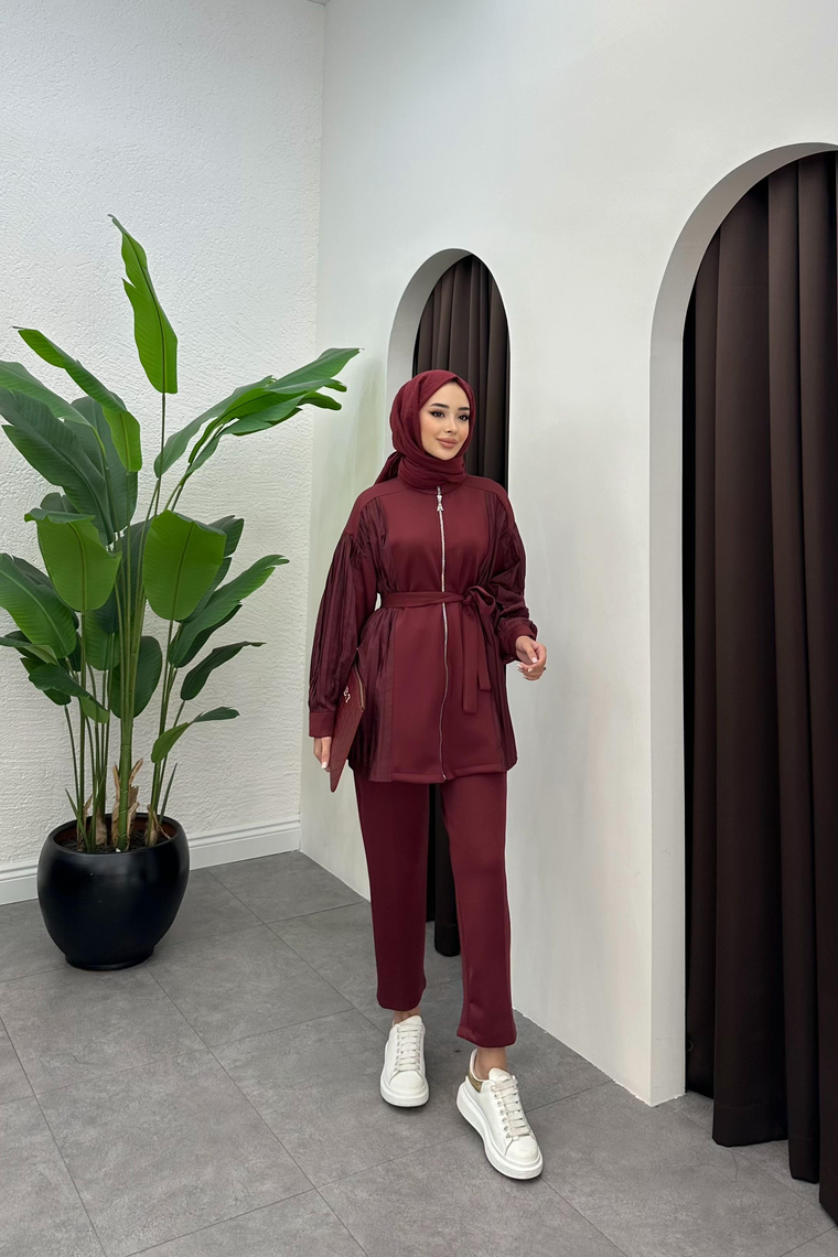 Hilla Pilise Detay Fermuarlı Takım - BORDO
