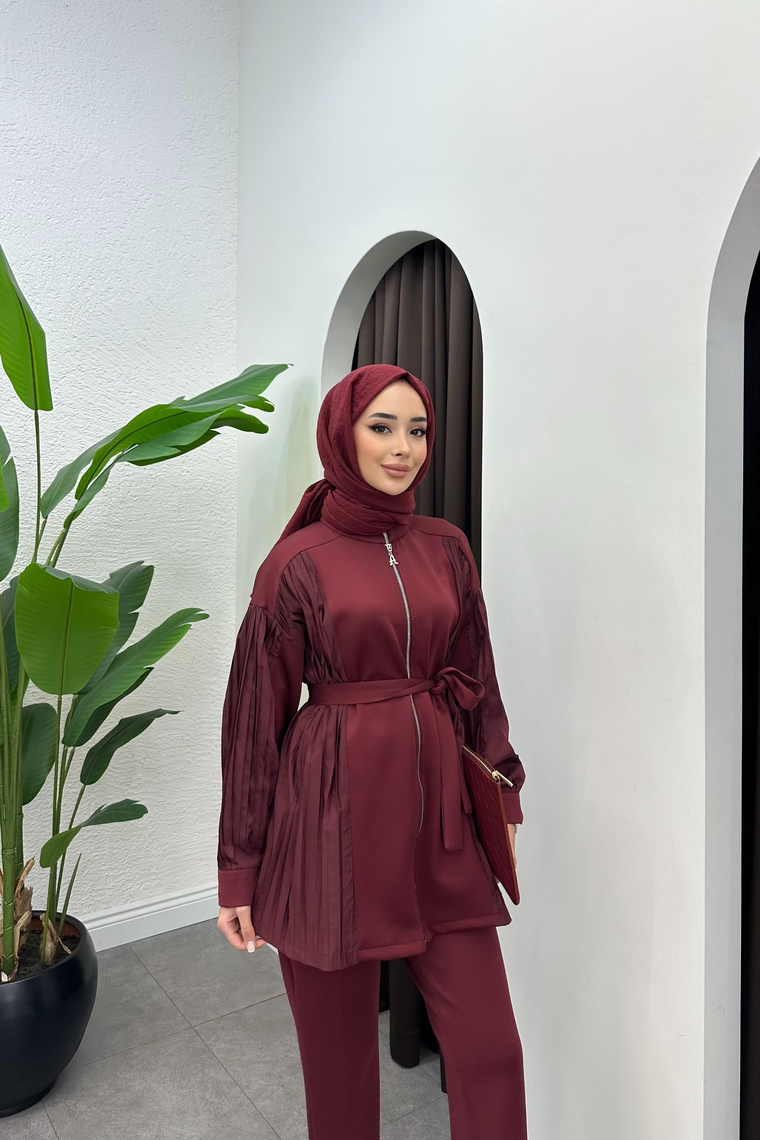 Hilla Pilise Detay Fermuarlı Takım - BORDO