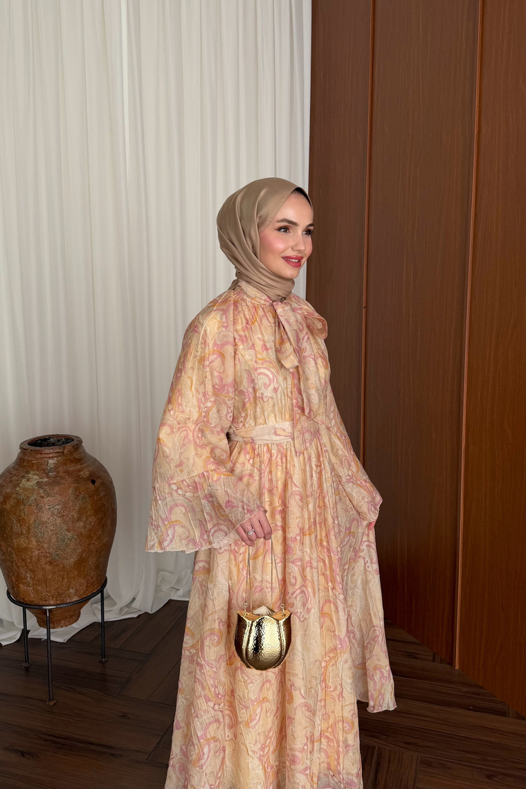 Lamia Desenli Vual Elbise - PEMBE