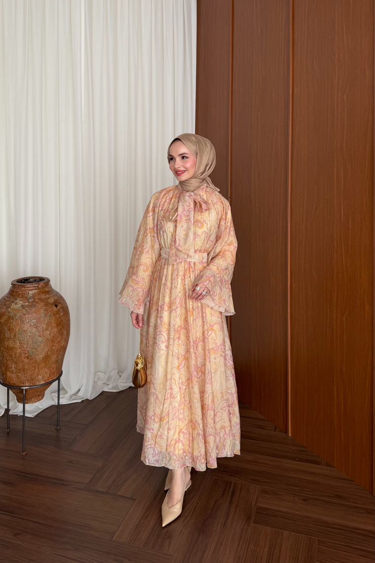 Lamia Desenli Vual Elbise - PEMBE