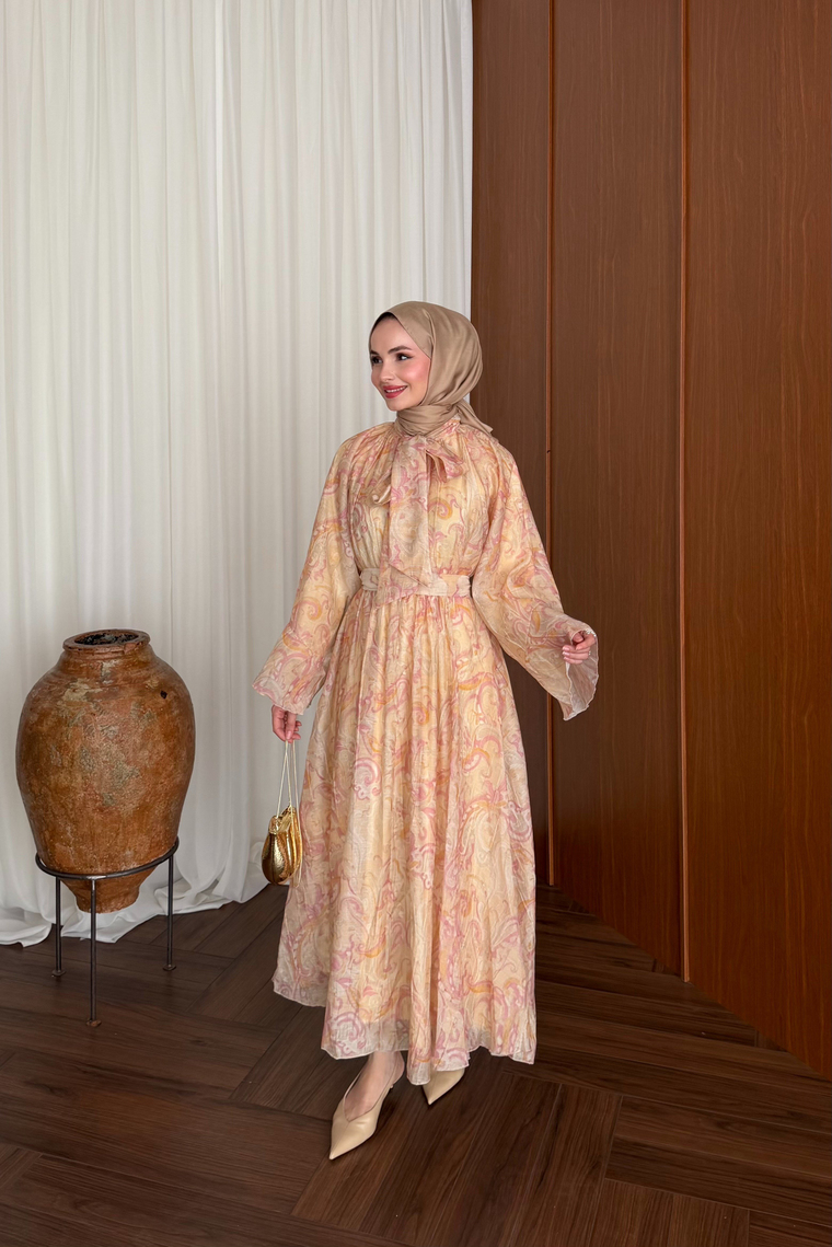 Lamia Desenli Vual Elbise - PEMBE