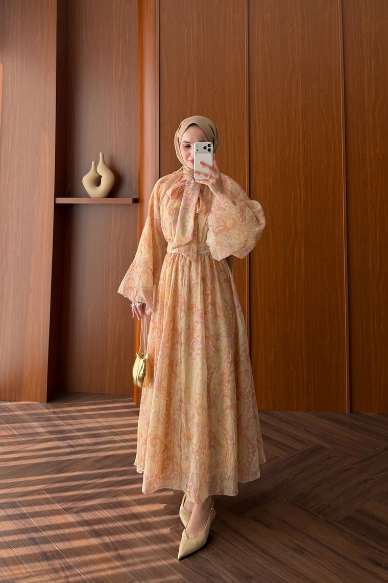 Lamia Desenli Vual Elbise - PEMBE