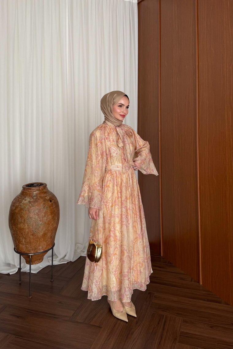 Lamia Desenli Vual Elbise - PEMBE