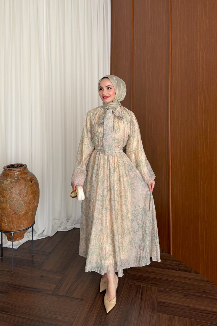 Lamia Desenli Vual Elbise - YEŞİL