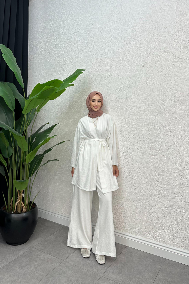 Layla Üçlü Pantolonlu Takım - BEYAZ