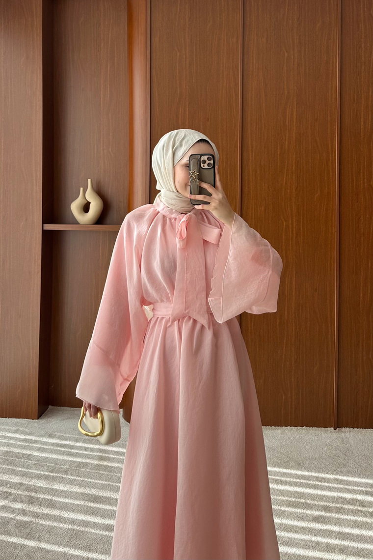 Liva Volan Detay Elbise - PEMBE