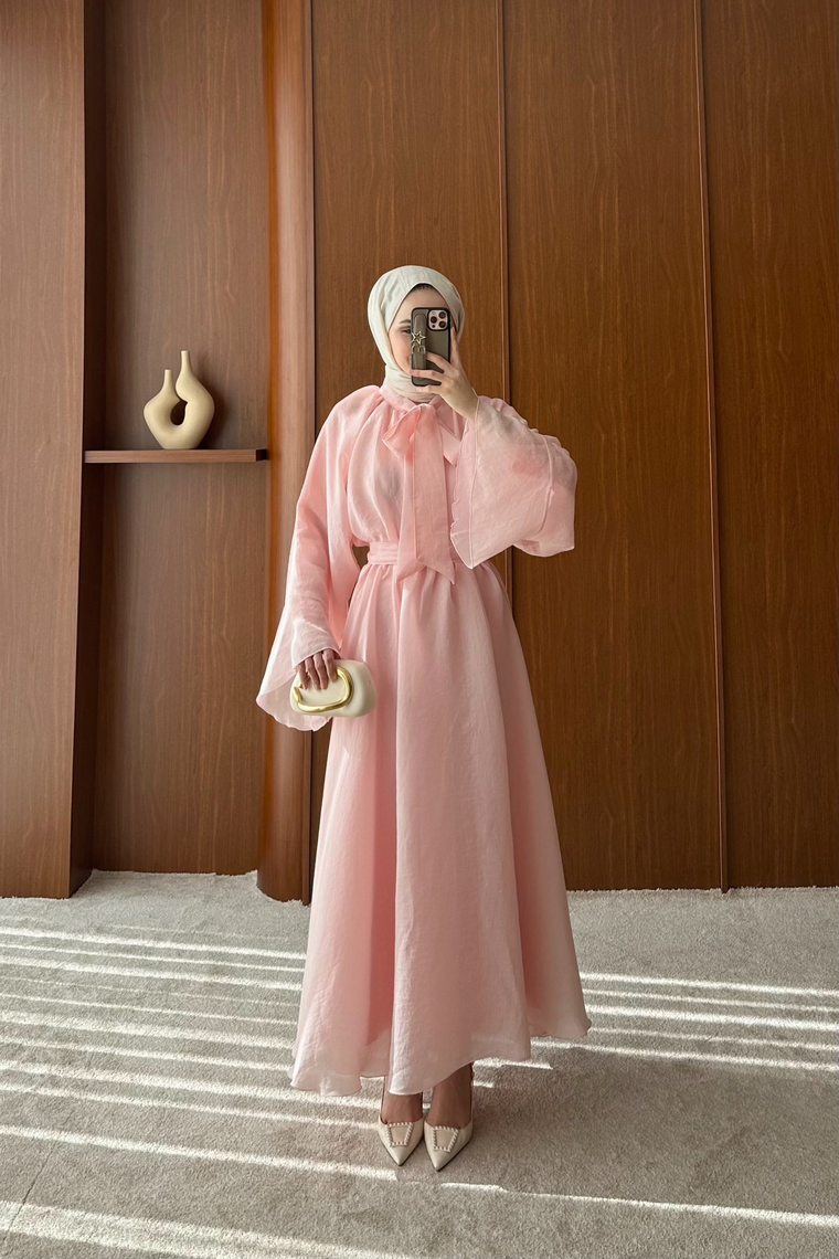 Liva Volan Detay Elbise - PEMBE