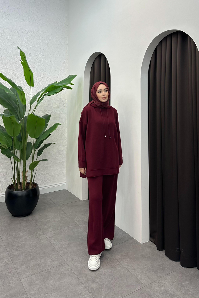 Maysa Kapşonlu Triko Takım - BORDO