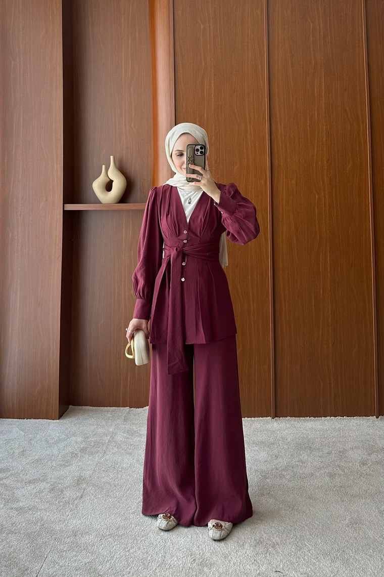 Melina Belden Oturtmalı Takım - BORDO