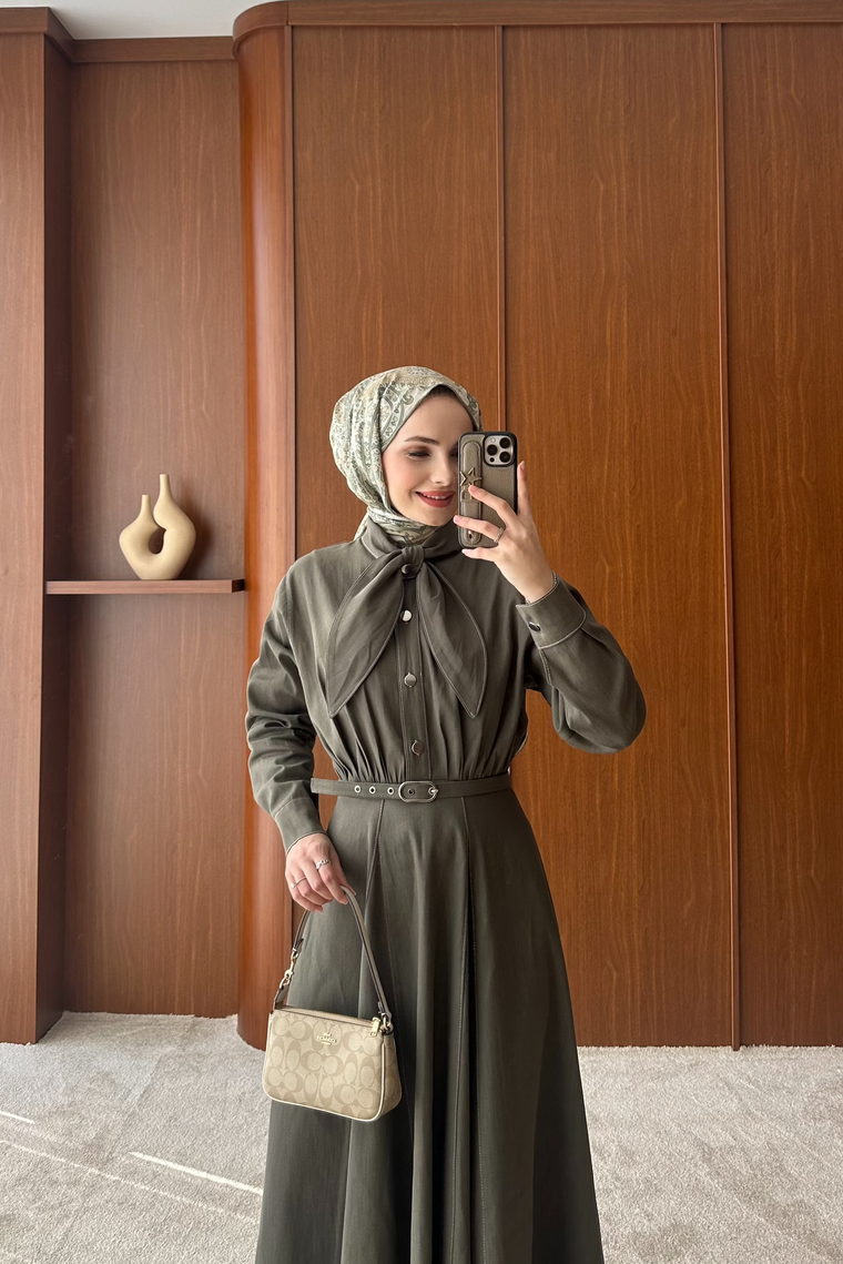 Meyila Yaka Detay Elbise - HAKİ
