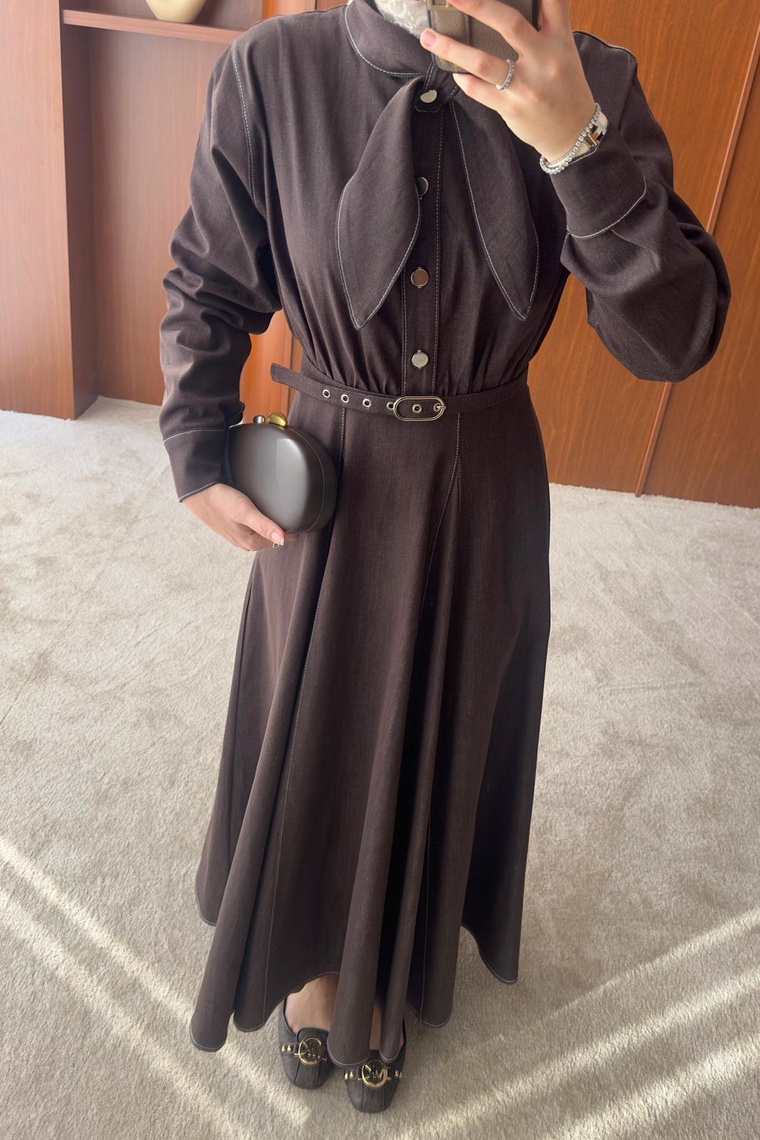 Meyila Yaka Detay Elbise - KAHVE