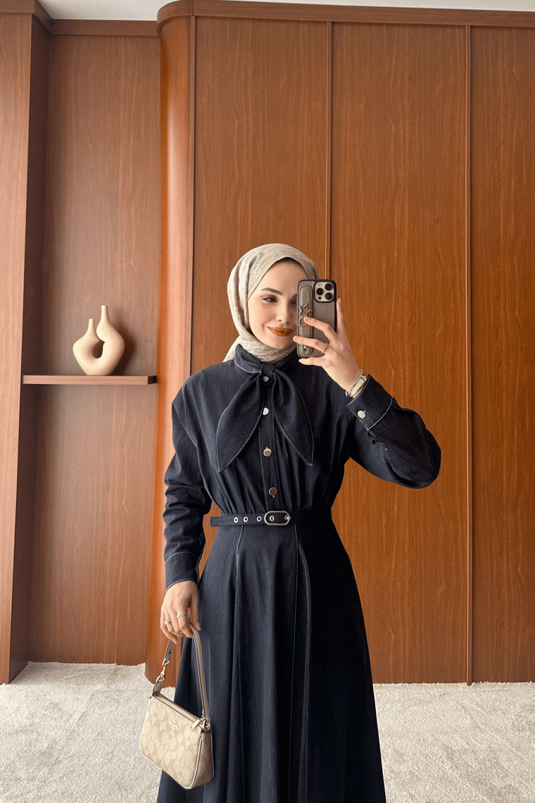Meyila Yaka Detay Elbise - LACİVERT