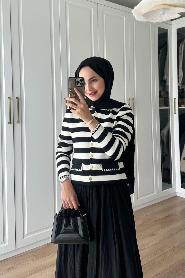 Meyra Çizgili Triko Hırka - SİYAH