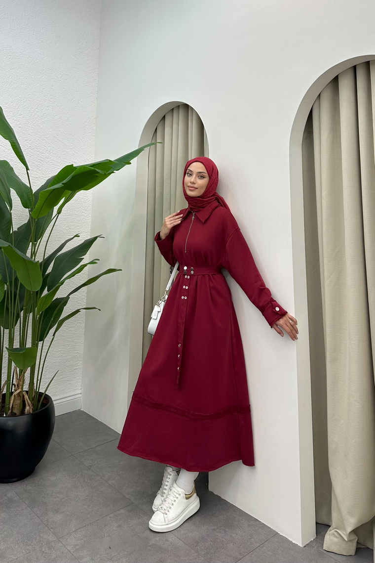 Mina Kemer Detaylı Sweat Elbise - BORDO