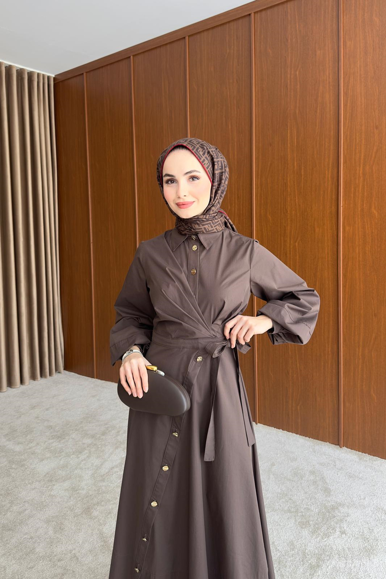 Moleria Bağlama Detay Elbise - KAHVE