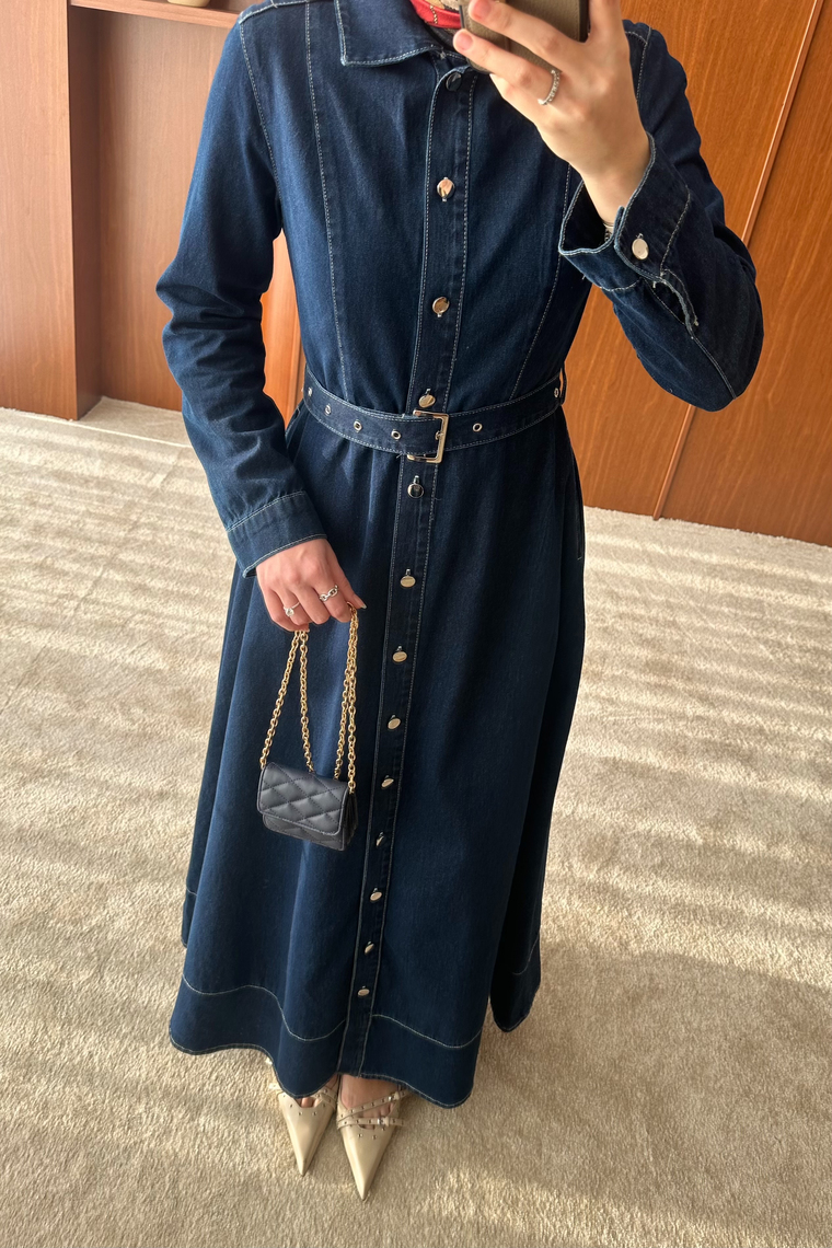 Monegra Denim Elbise - KOYU MAVİ
